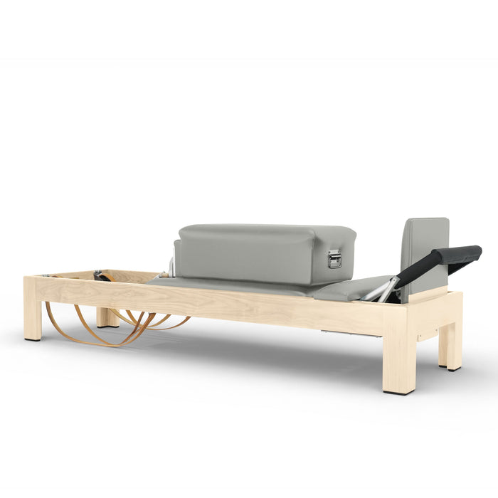 Elina Pilates Natural Wood Classic Reformer with maple frame, Iceberg upholstery, footbar and shoulder rests