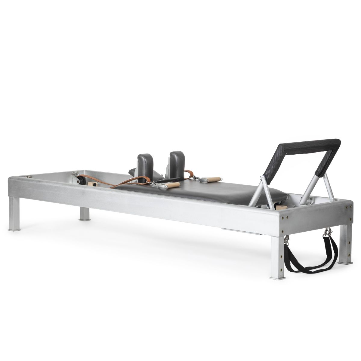 Elina Pilates Classic aluminum reformer with grey upholstery, brown leather pulley straps and wooden handles, shown without a tower.