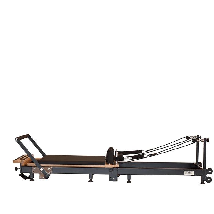 Portable Pilates reformer with adjustable footbar and ergonomic carriage
