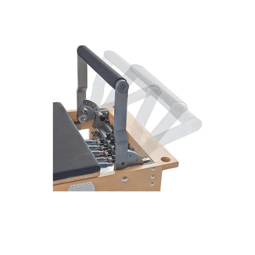 BASI Systems Wood Pilates Reformer with Tower - side profile view showing tower upright bars