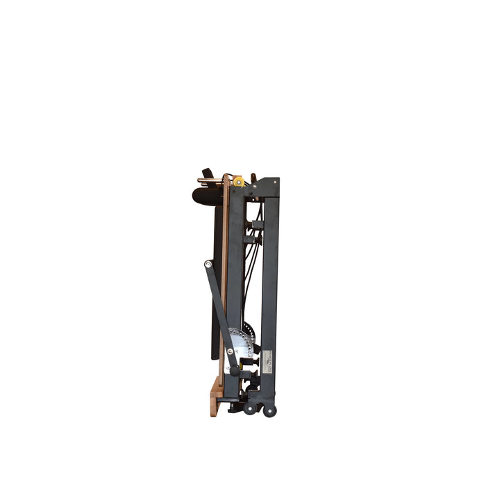 Foldable metal Pilates reformer with beechwood carriage and chrome frame