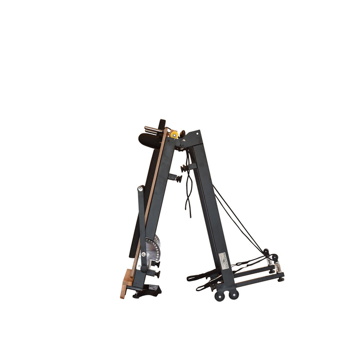 Foldable metal Pilates reformer with beechwood carriage and chrome frame