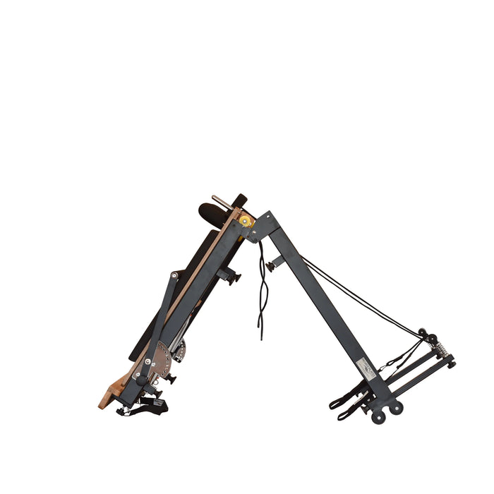 Foldable metal Pilates reformer with beechwood carriage and chrome frame