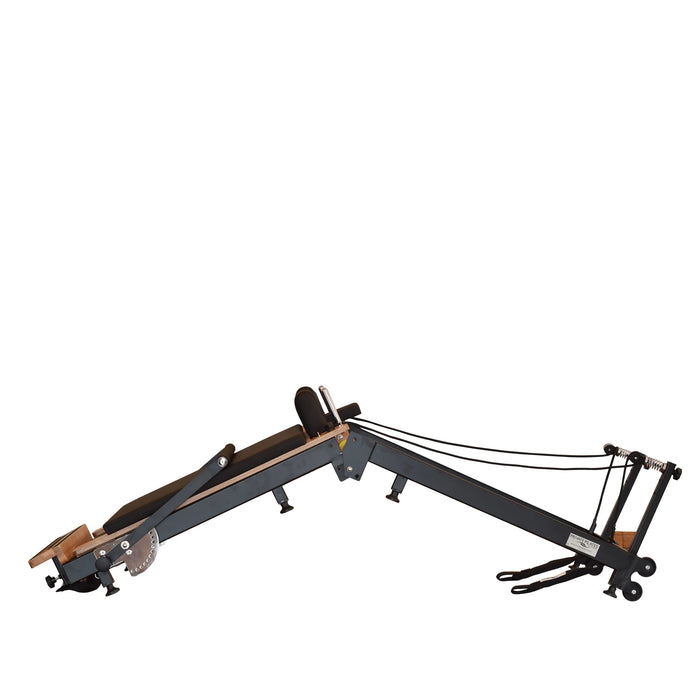 Foldable metal Pilates reformer with beechwood carriage and chrome frame