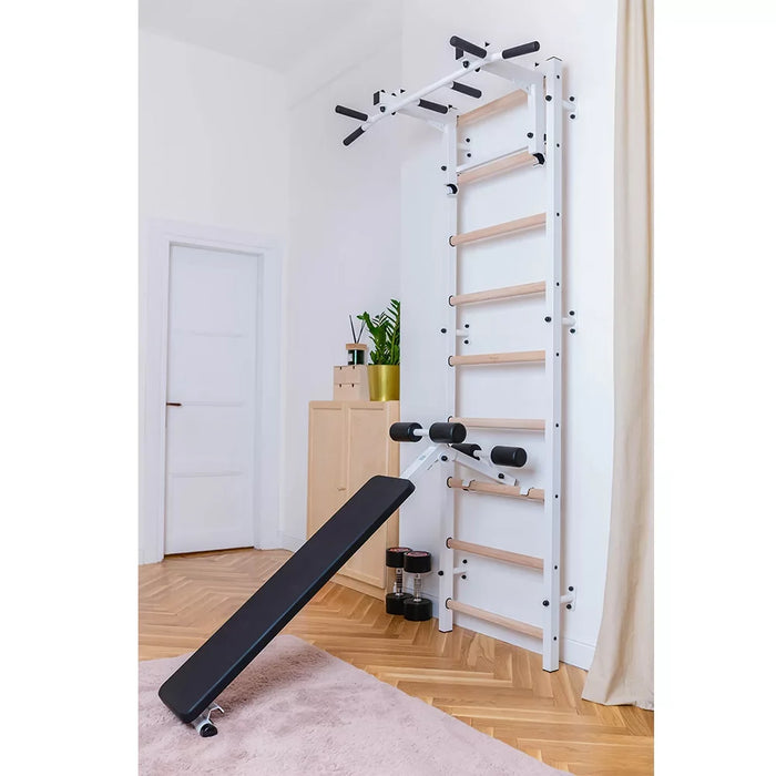 BenchK B1W white workout bench installed on wall bars