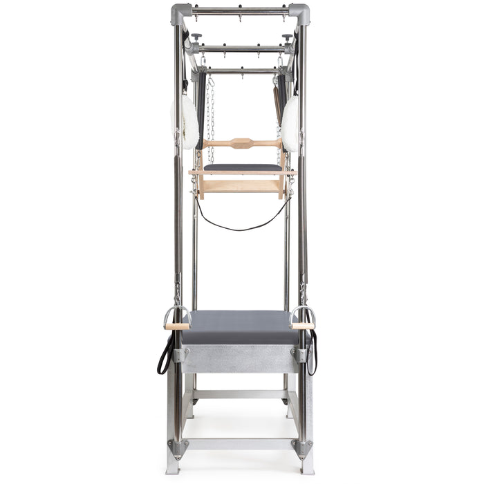 Elina Pilates Classic Aluminium Cadillac - angled view showing full tower system with trapeze and bars