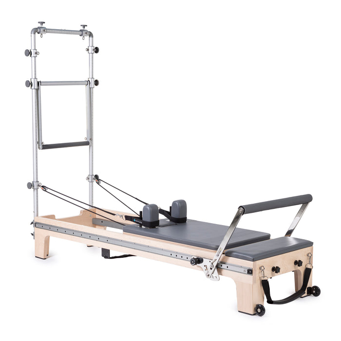 Elina Pilates Master Instructor Reformer with Tower Bundle - angled view showing carriage and footbar assembly