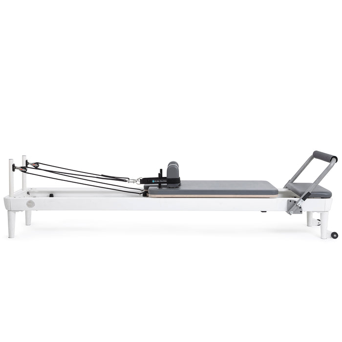 Elina Pilates Nubium Reformer Bundle - angled view highlighting nubium reformer carriage and footbar system