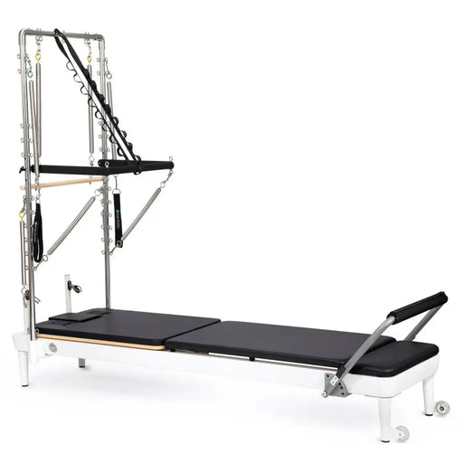 Elina Pilates Nubium Reformer with Tower Bundle - angled view showing tower attachment and reformer carriage
