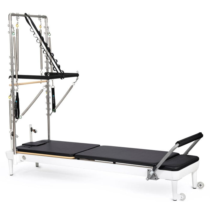 Elina Pilates Nubium Reformer with Tower Bundle - angled view showing tower attachment and reformer carriage