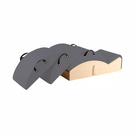 Elina Pilates Spine Corrector 3 in 1 - side view showing barrel curve, handle grips and wooden base