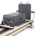 Elina Pilates Twin Reformer - detail view of frame legs, wheels, and floor protection pads