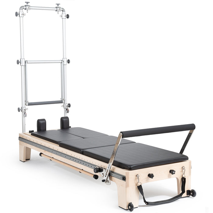 Elina Pilates Twin Reformer - angled top view showing double footbar and dual rope pulleys