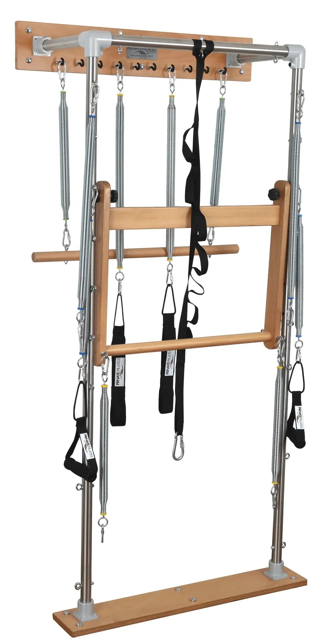 Premium Pilates wall tower mounted to wall with springs and push-through bar