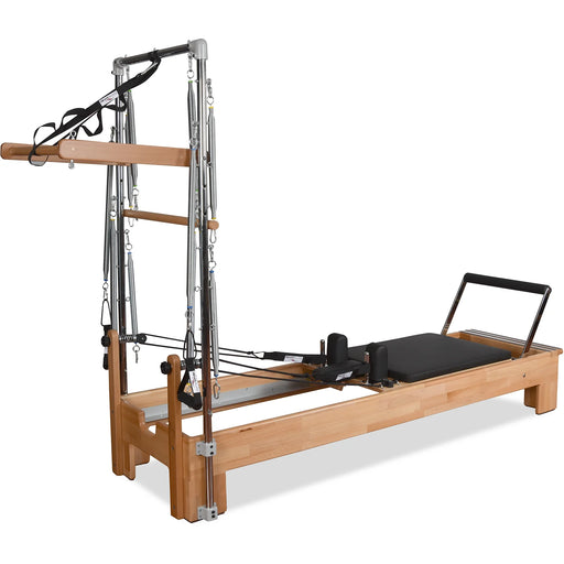 Private Pilates premium wood reformer with integrated Cadillac tower