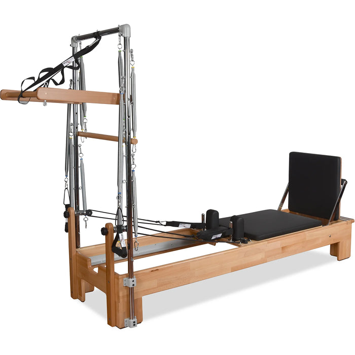 Private Pilates premium wood reformer with integrated Cadillac tower