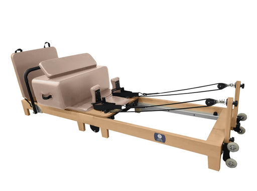 Core Collab Eco Folding Reformer - custom configuration — complete wood-frame reformer with beige upholstery