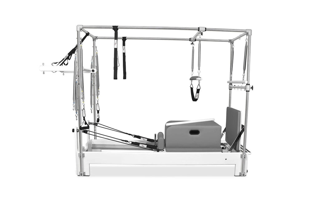 Pilates Cadillac tower with push-through bar, springs, and jump board


