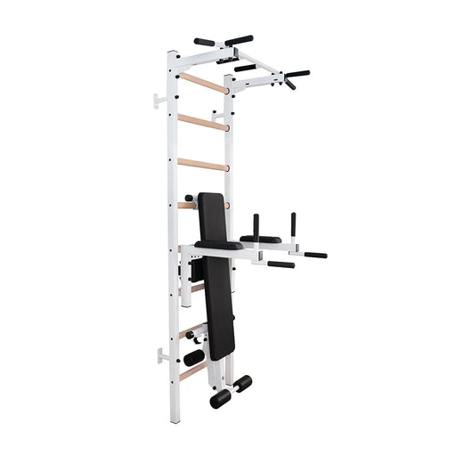 BenchK 223W white wall bars with fixed pull-up bar, dip station and bench