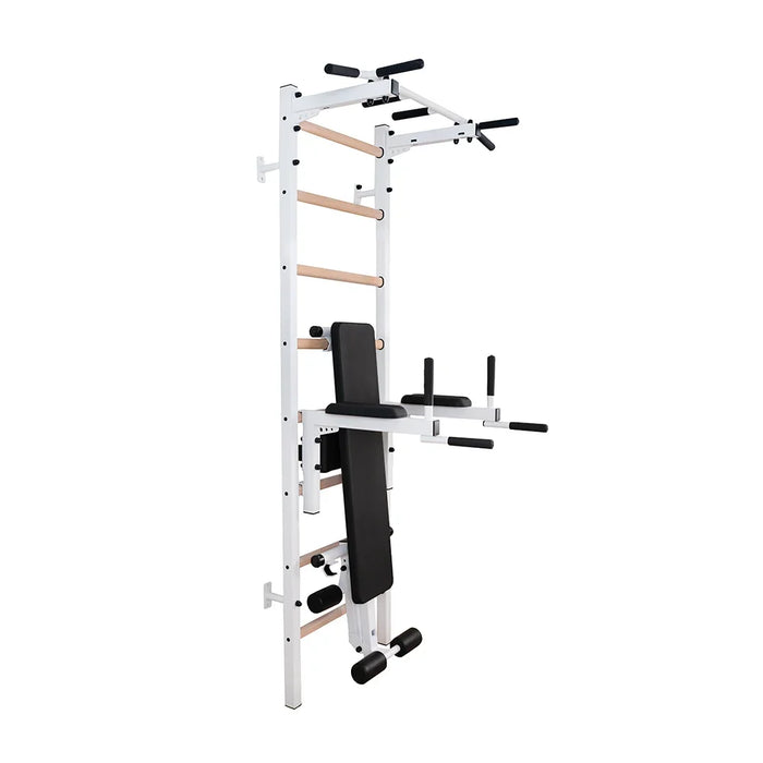 BenchK 223W white wall bars with fixed pull-up bar, dip station and bench