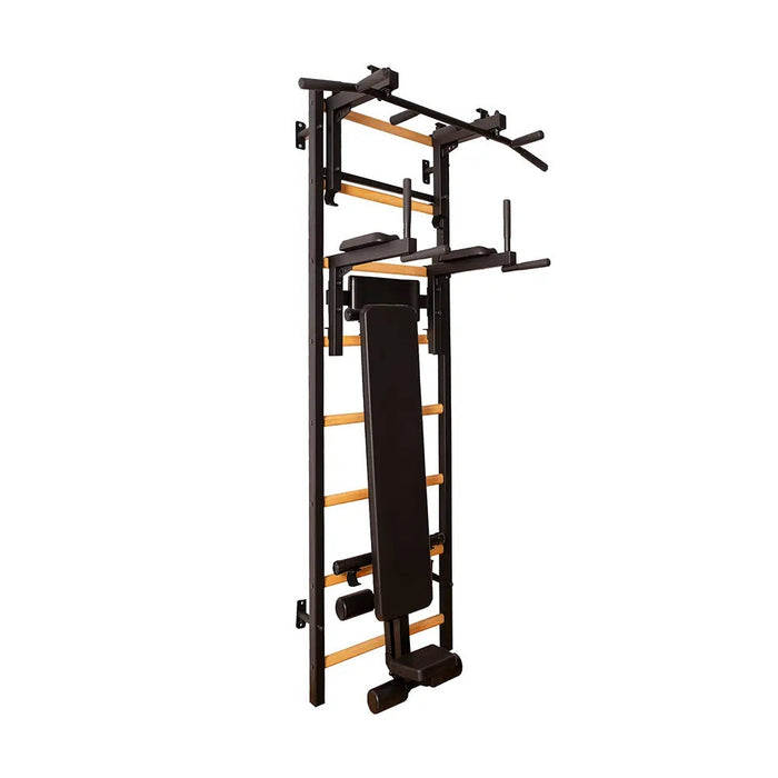 BenchK 233B black wall bars with pull-up bar, dip station and bench