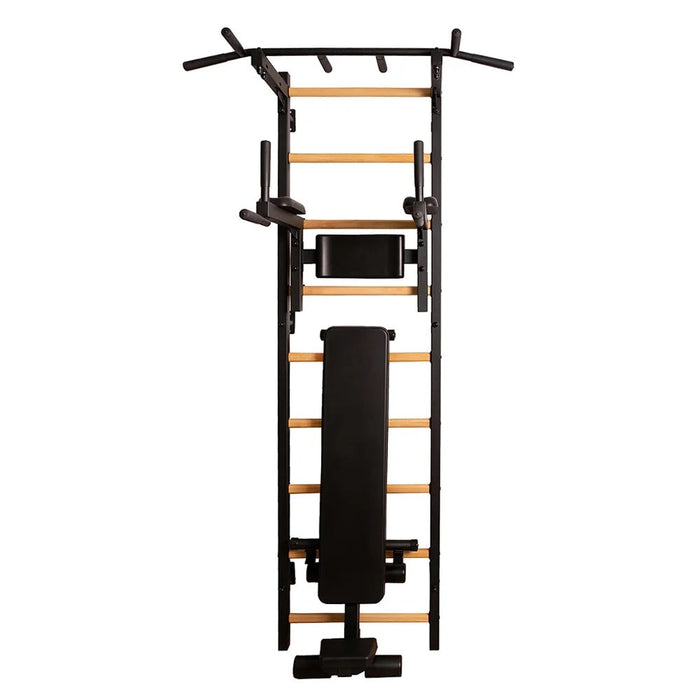 BenchK 723B black wall bars with fixed pull-up bar, dip station and bench