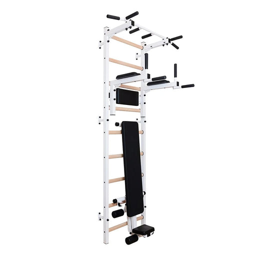 BenchK 723W white wall bars with fixed pull-up bar, dip station and bench