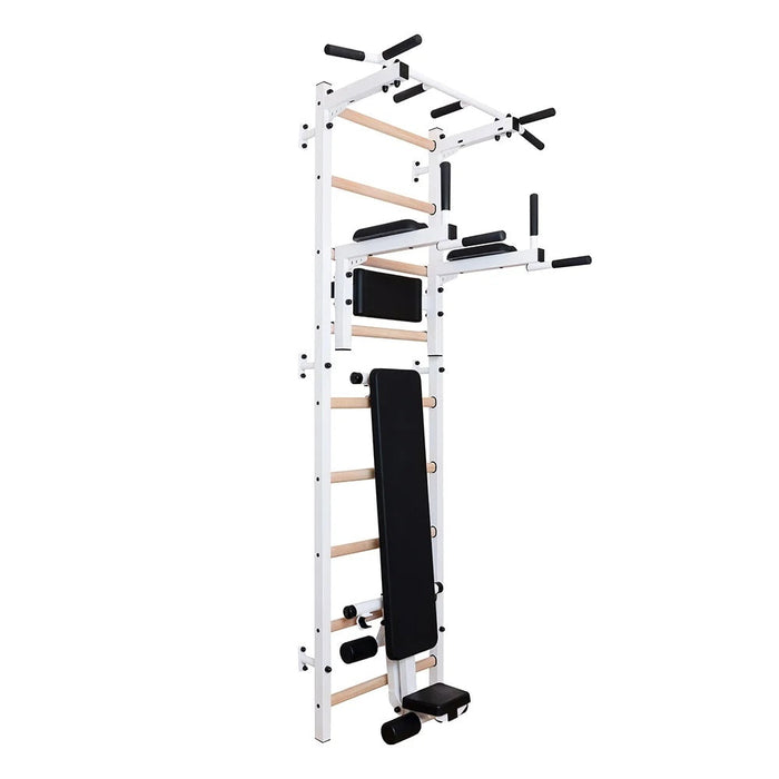 BenchK 723W white wall bars with fixed pull-up bar, dip station and bench