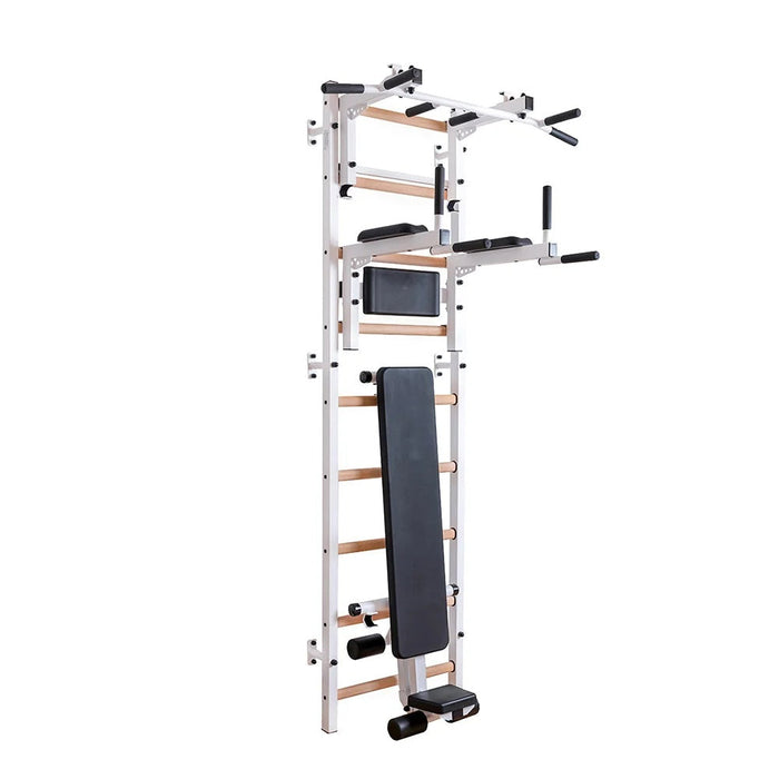 BenchK 733W white wall bars with convertible pull-up bar, dip station and workout bench