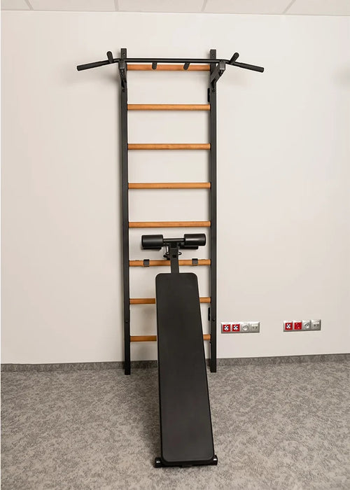 BenchK B1B black workout bench installed on wall bars