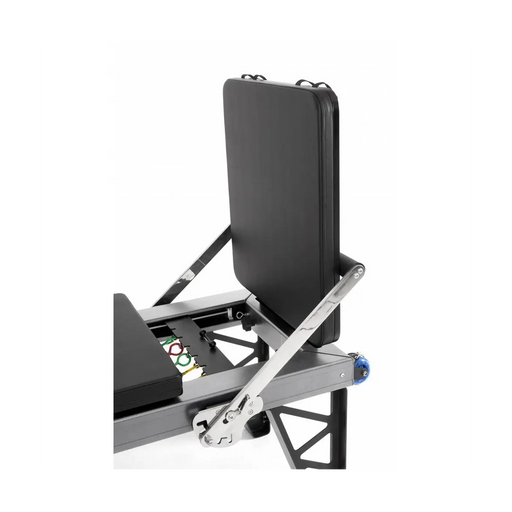 Elina Pilates Aluminium HL1 Reformer Bundle - side view showing aluminium rail reformer with spring system and accessories