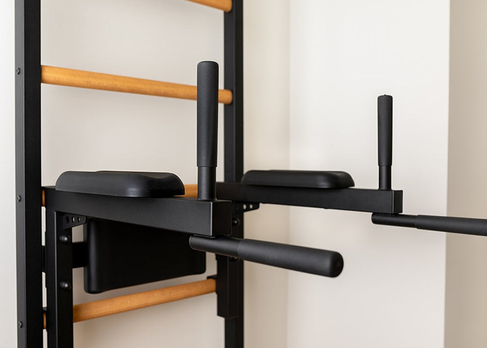 BenchK DB1B Black dip bar mounted on wall bars
