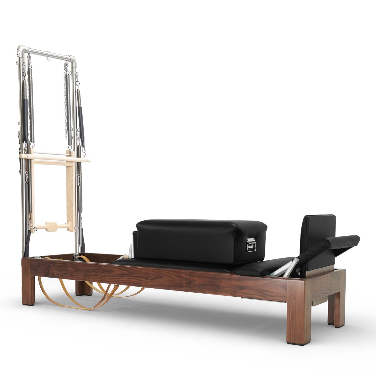 Elina Pilates 86-inch dark wood Classic Reformer with Tower, Black upholstery