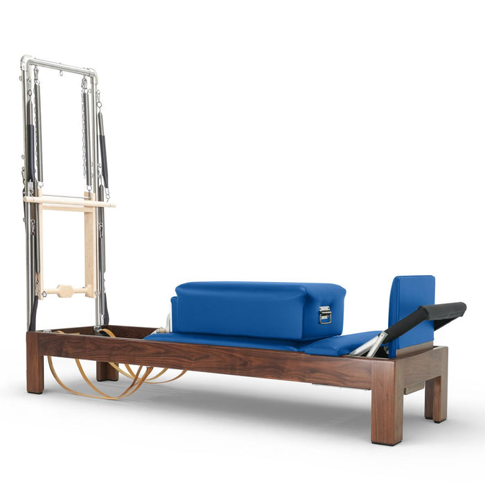 Elina Pilates 86-inch dark wood Classic Reformer with Tower, Blue upholstery