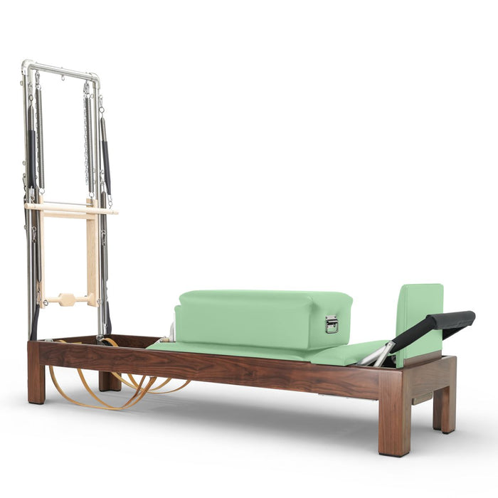 Elina Pilates 86-inch dark wood Classic Reformer with Tower, Green upholstery
