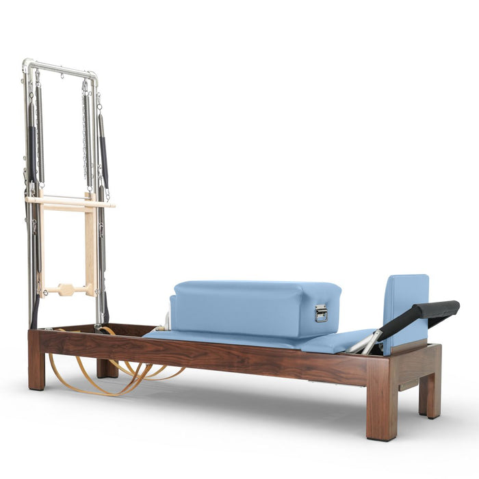 Elina Pilates 86-inch dark wood Classic Reformer with Tower, Ocean Blue upholstery