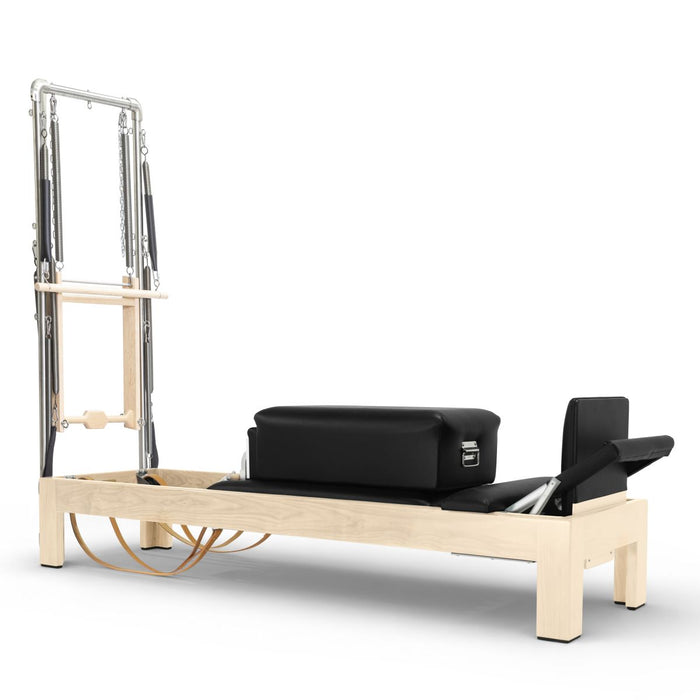 Elina Pilates 86-inch natural wood Classic Reformer with Tower, Black upholstery