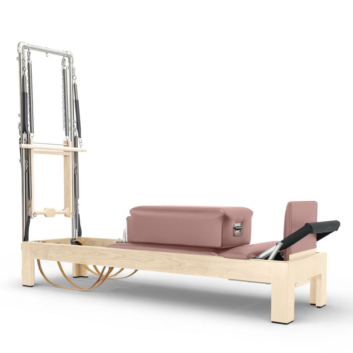 Elina Pilates 86-inch natural wood Classic Reformer with Tower, Dusty Rose upholstery