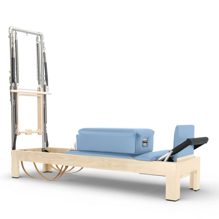 Elina Pilates 86-inch natural wood Classic Reformer with Tower, Ocean Blue upholstery