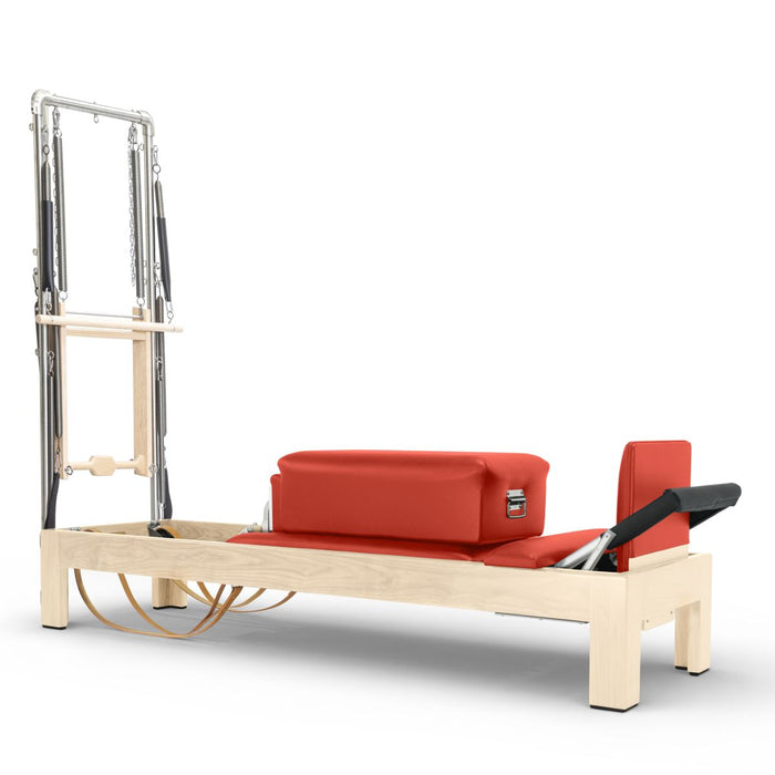 Elina Pilates 86-inch natural wood Classic Reformer with Tower, Red upholstery