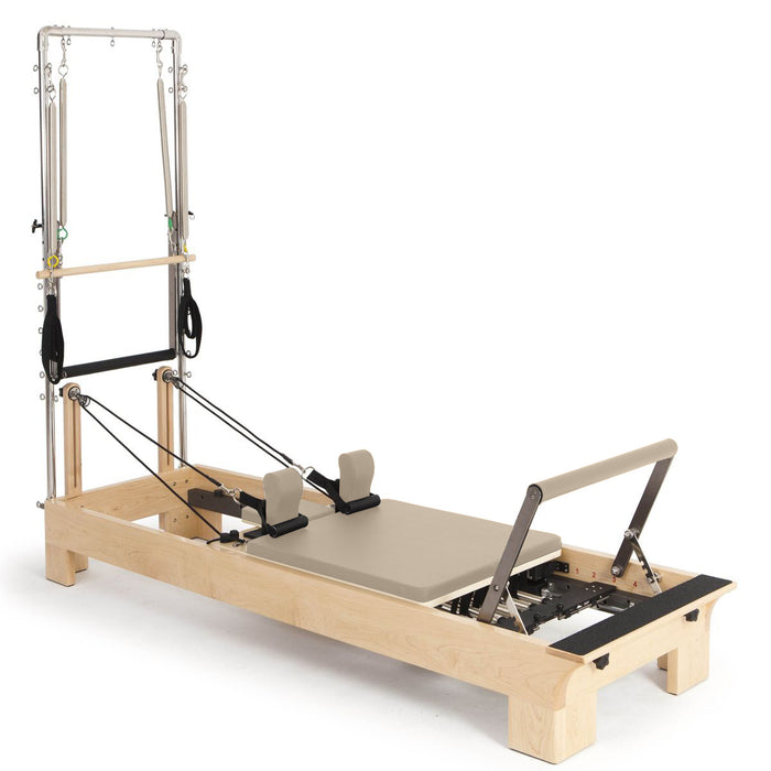Elina Pilates Wood Reformer with Tower in Light Mocha upholstery