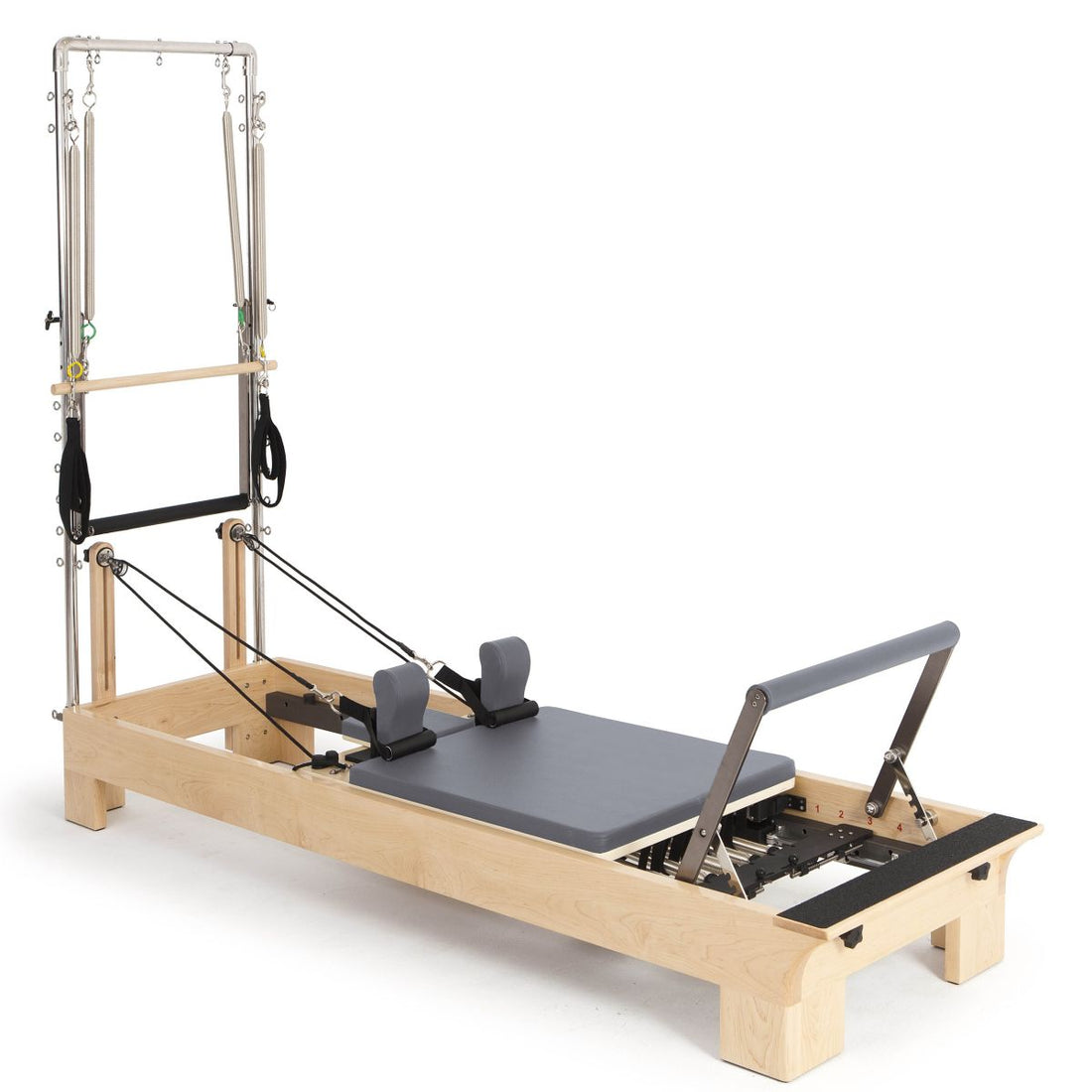 Elina Pilates Wood Reformer with Tower in Grey upholstery — official product photo