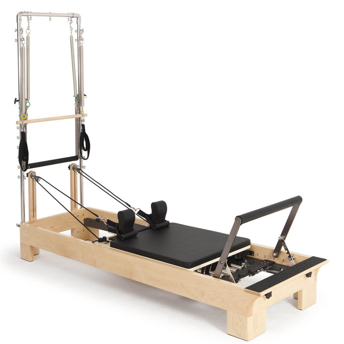 Elina Pilates Wood Reformer with Tower in Black upholstery — official product photo