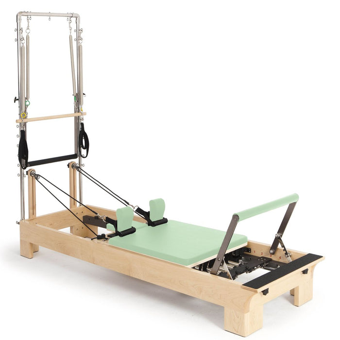 Elina Pilates Wood Reformer with Tower in Green upholstery — official product photo